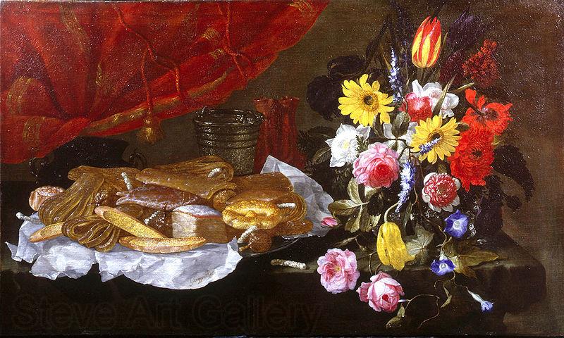 Giuseppe Recco A Still Life of Roses, Carnations, Tulips and other Flowers in a glass Vase, with Pastries and Sweetmeats on a pewter Platter and earthenware Pots, on Germany oil painting art